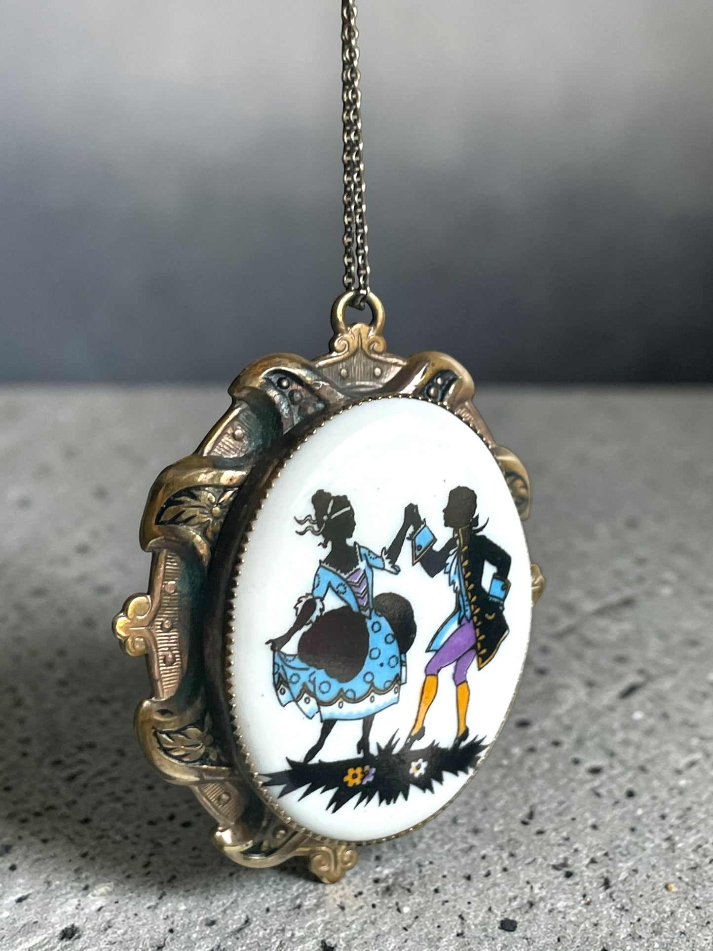 Edwardian Porcelain Silhouette  Courting Couple Colorful Limogé Cameo Gilded Brass Locket Sterling Necklace