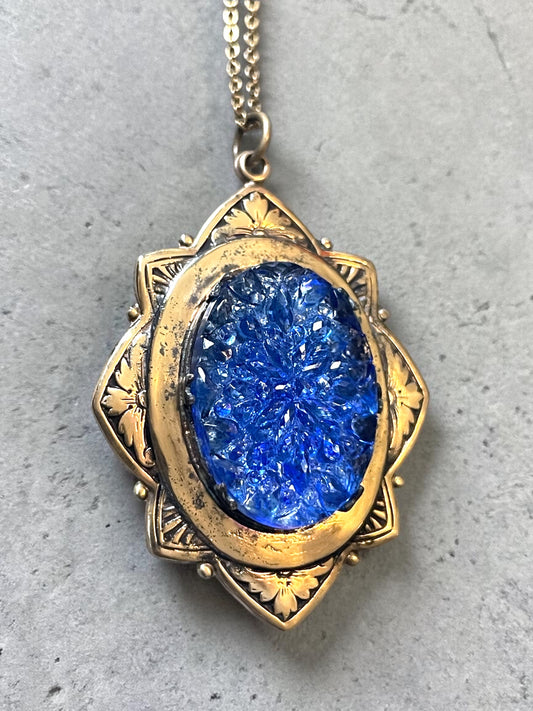 Victorian Blue Faceted Art Glass Gold Locket Necklace