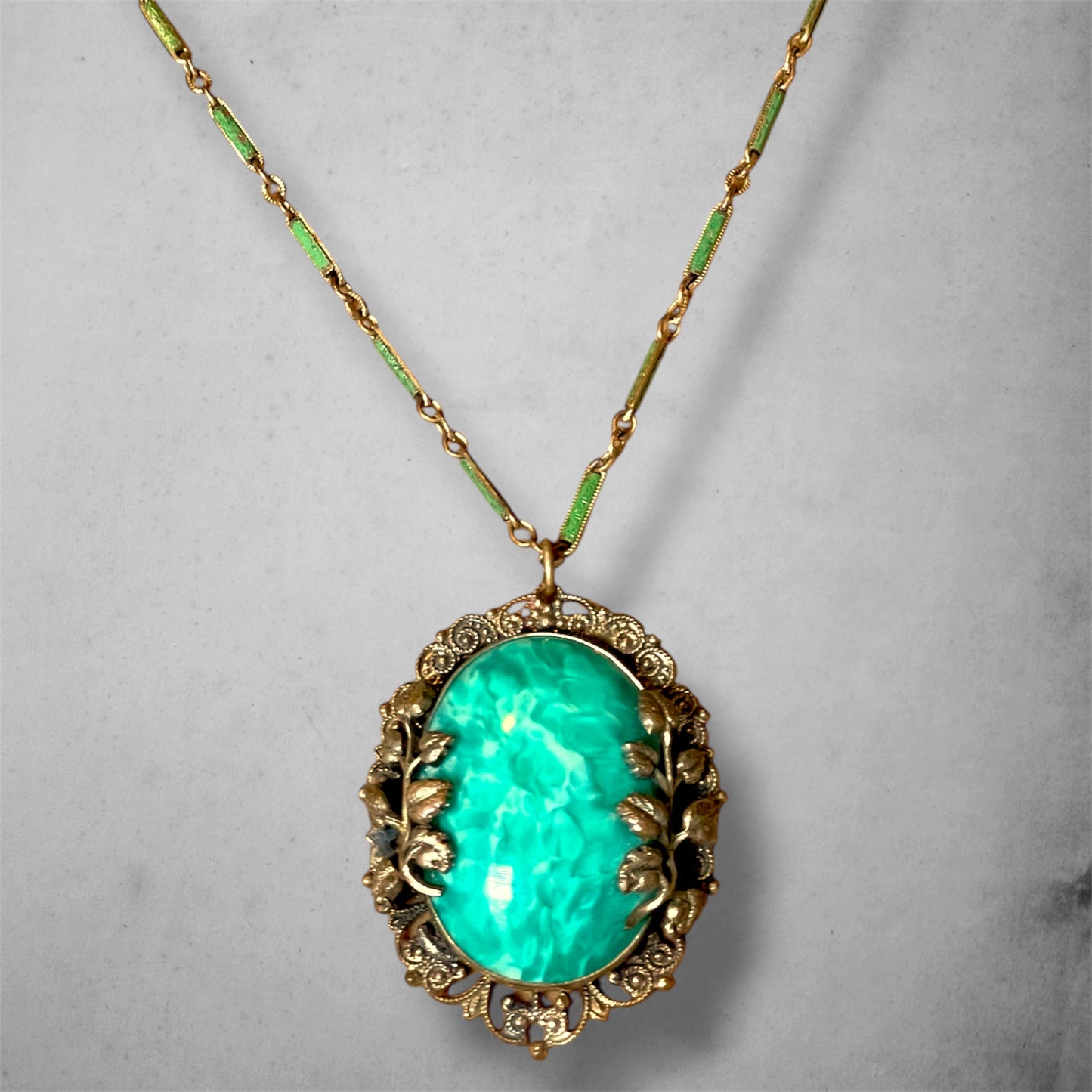 Art Nouveau Czech Peking Green Marble Art Glass Enamel Brass Filigree Necklace