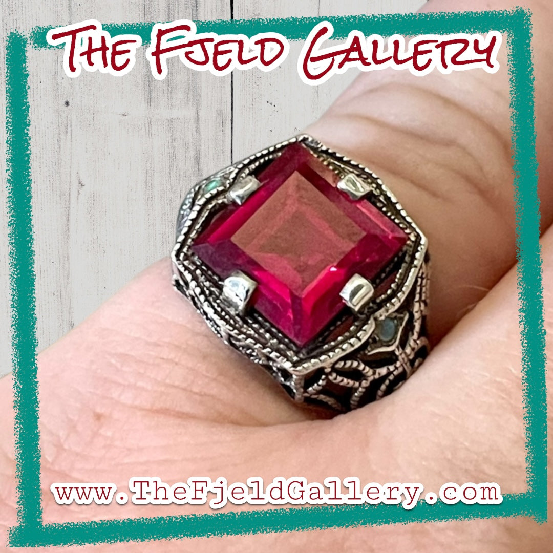 Ruby & Green Fire Opal Victorian Sterling Silver Filigree Ring