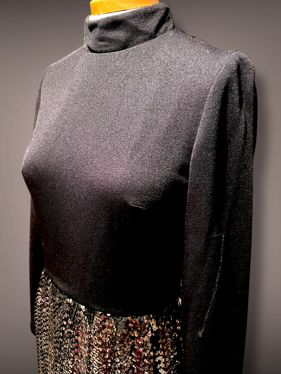 Gorgeous 1960’s Calderón Designer Black Long Sleeve Silver, Gold & Copper Metallic Sequin Maxi Dress