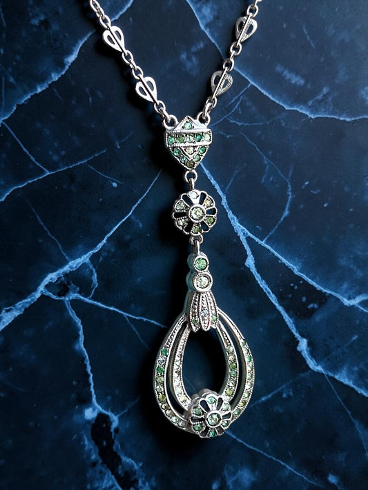 Art Deco Sterling Silver Crystal Floral Drop Y Necklace