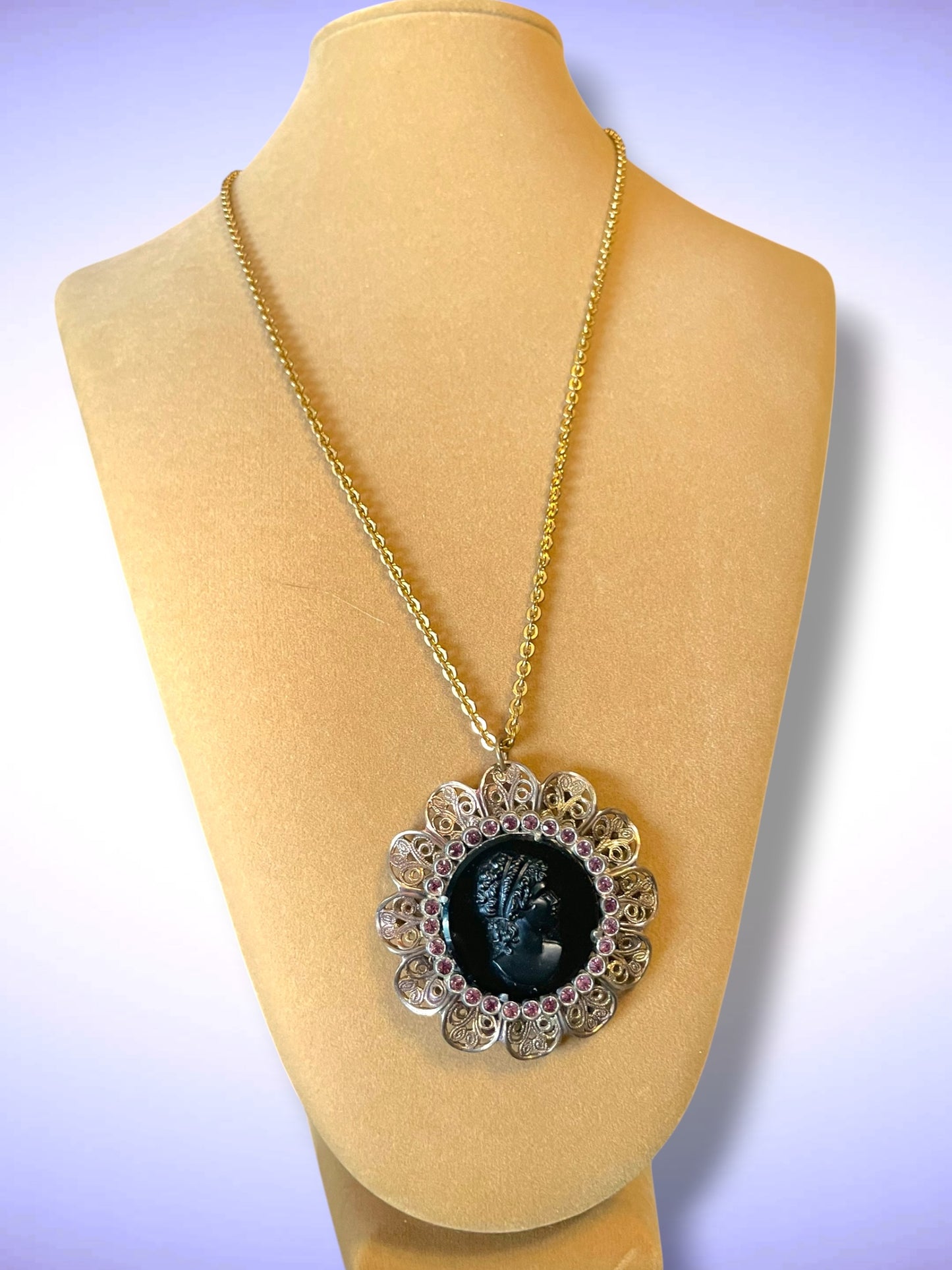 Czechoslovakian Brass Filigree, Purple Crystal, Black Art Glass Mourning Cameo Necklace