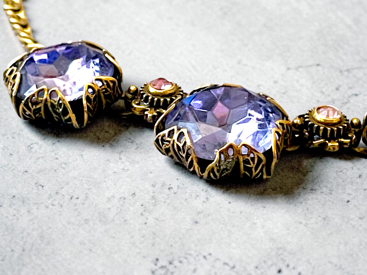 Art Nouveau Austrian Lilac Purple & Pink Crystal Gold Filled Brass Filigree Schiaparelli Necklace