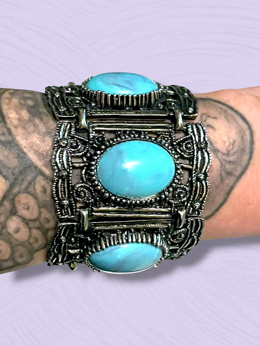 Vintage Chunky Silver Filigree Thermoset Faux Turquoise Panel Bracelet