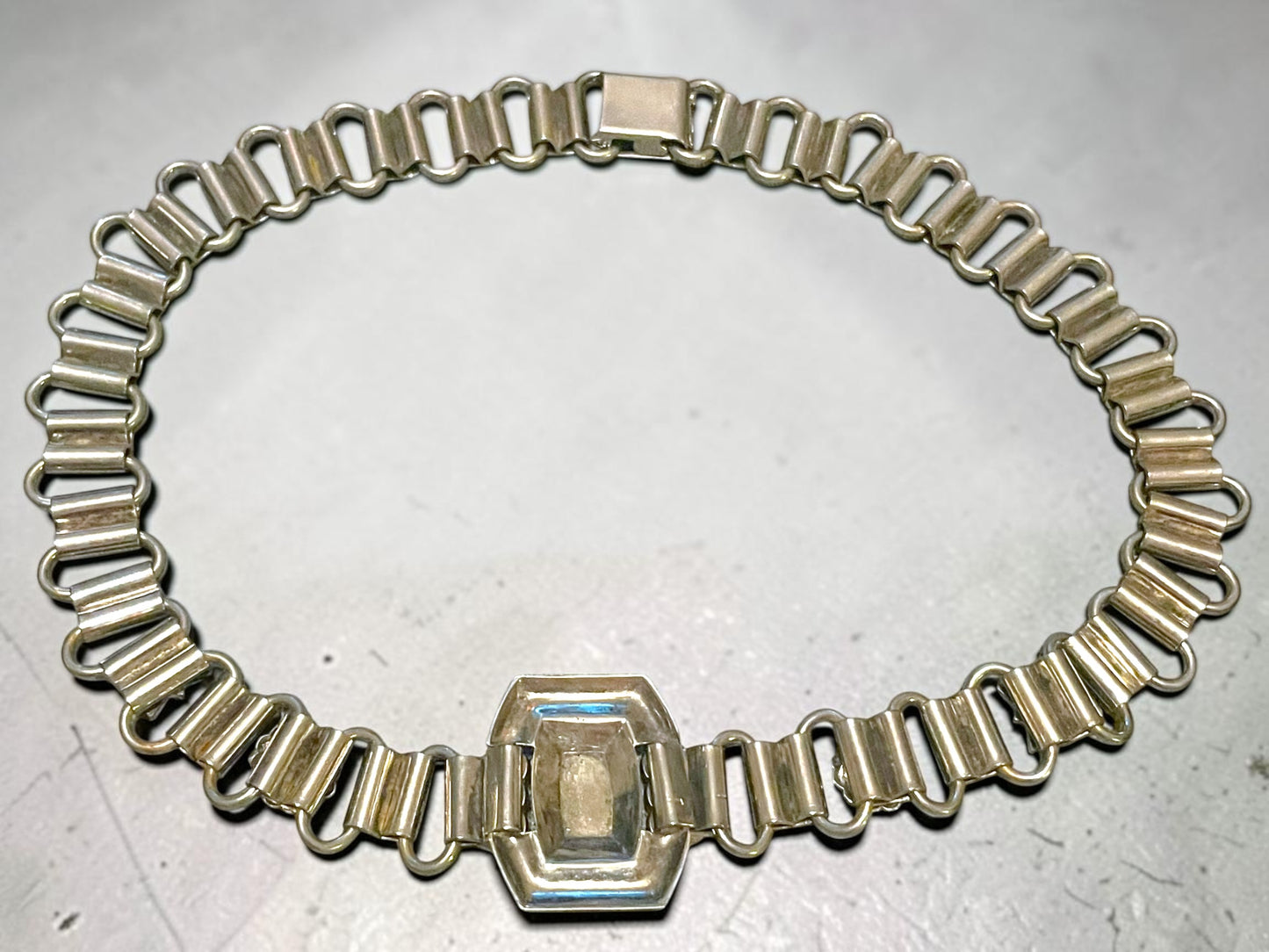 Victorian Chunky Silver Book-link Chain, Blue Lapis & Turquoise Art Glass & Crystal Rhinestone Collar Necklace