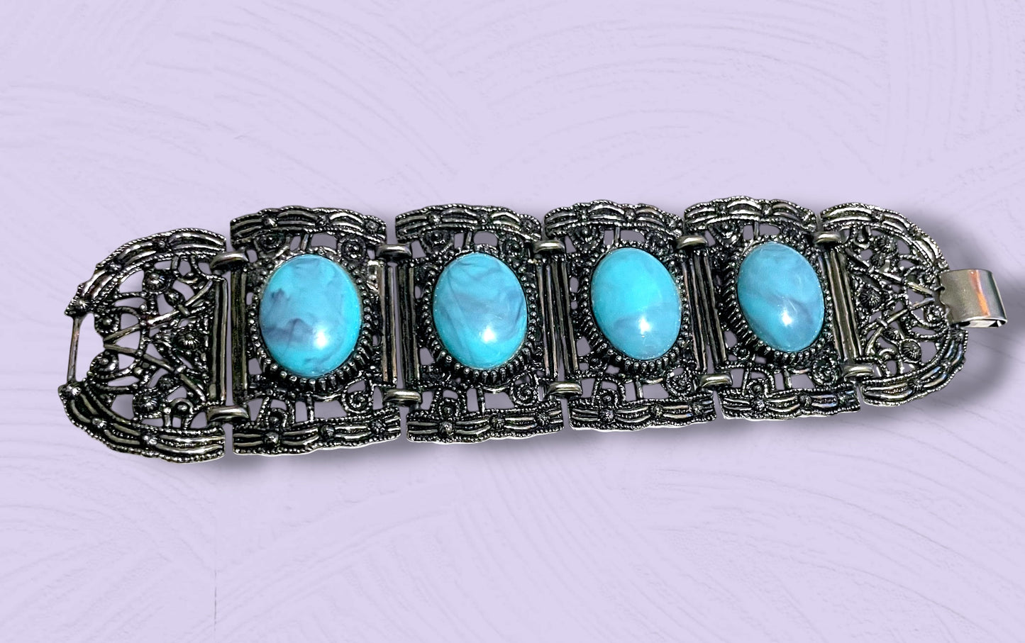Vintage Chunky Silver Filigree Thermoset Faux Turquoise Panel Bracelet