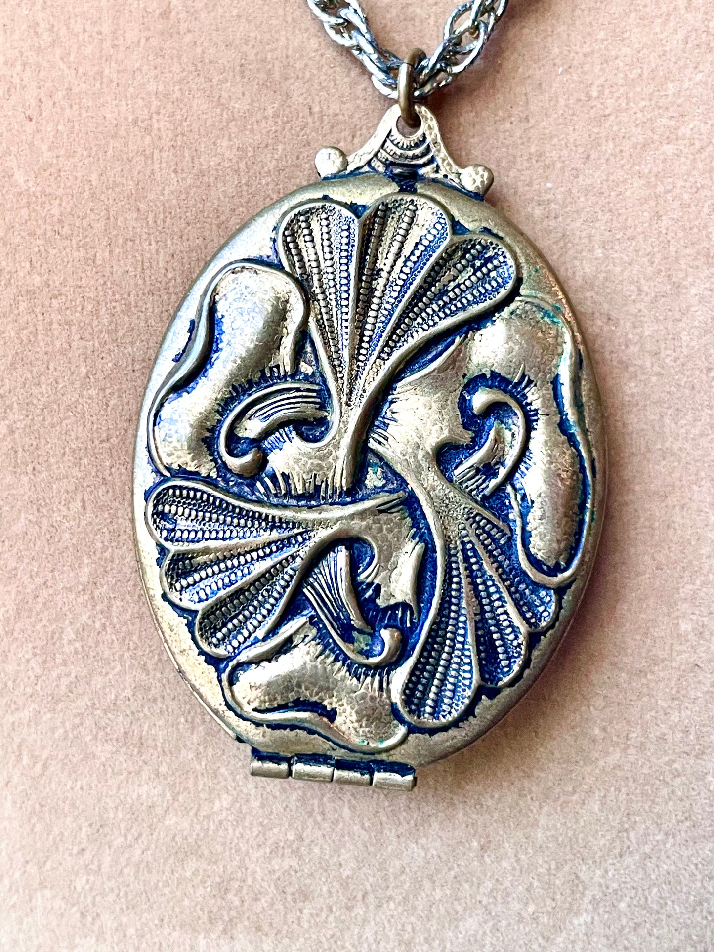 Art Nouveau Avant-Garde Brass Abstract Repoussé Photo Locket Necklace