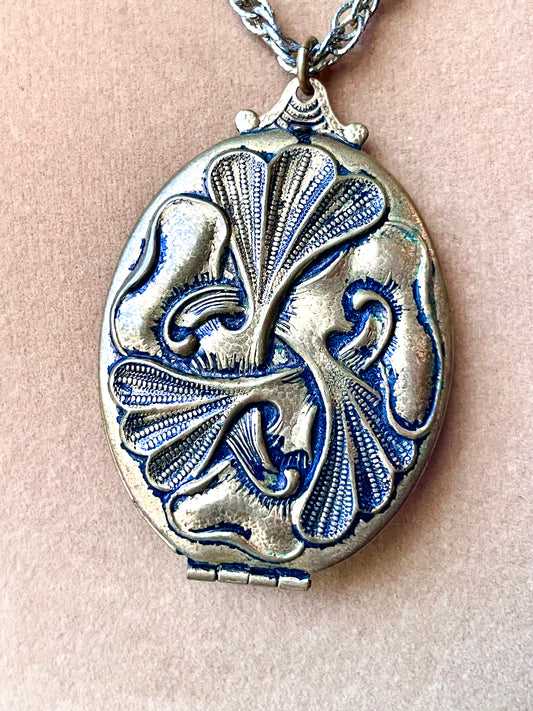 Art Nouveau Avant-Garde Brass Abstract Repoussé Photo Locket Necklace