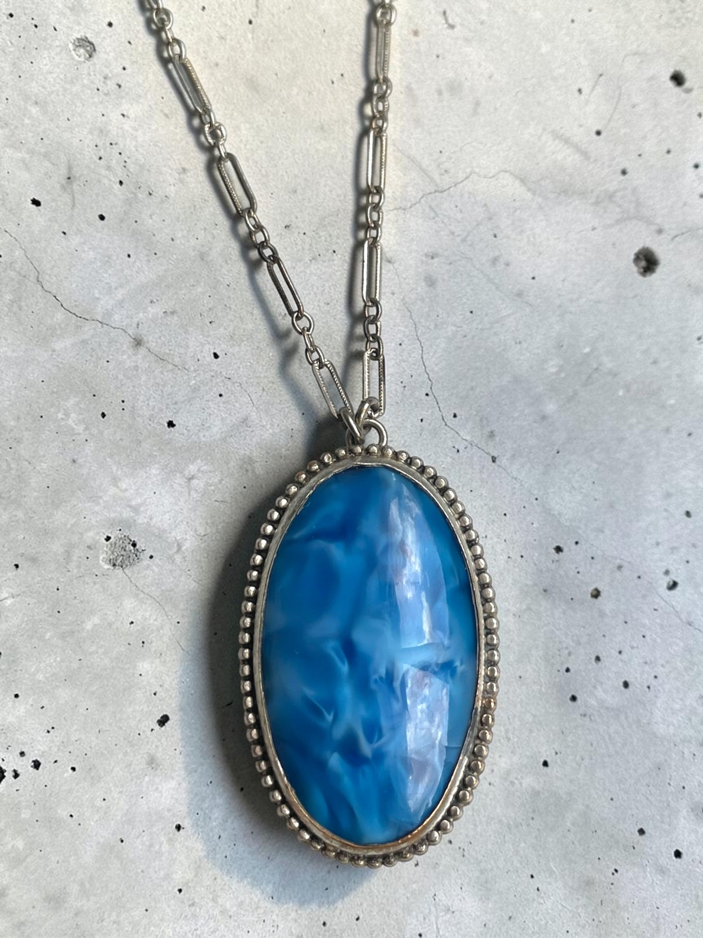 Art Deco Opalescent Blue Marble Art Glass Sterling Silver Chain Necklace