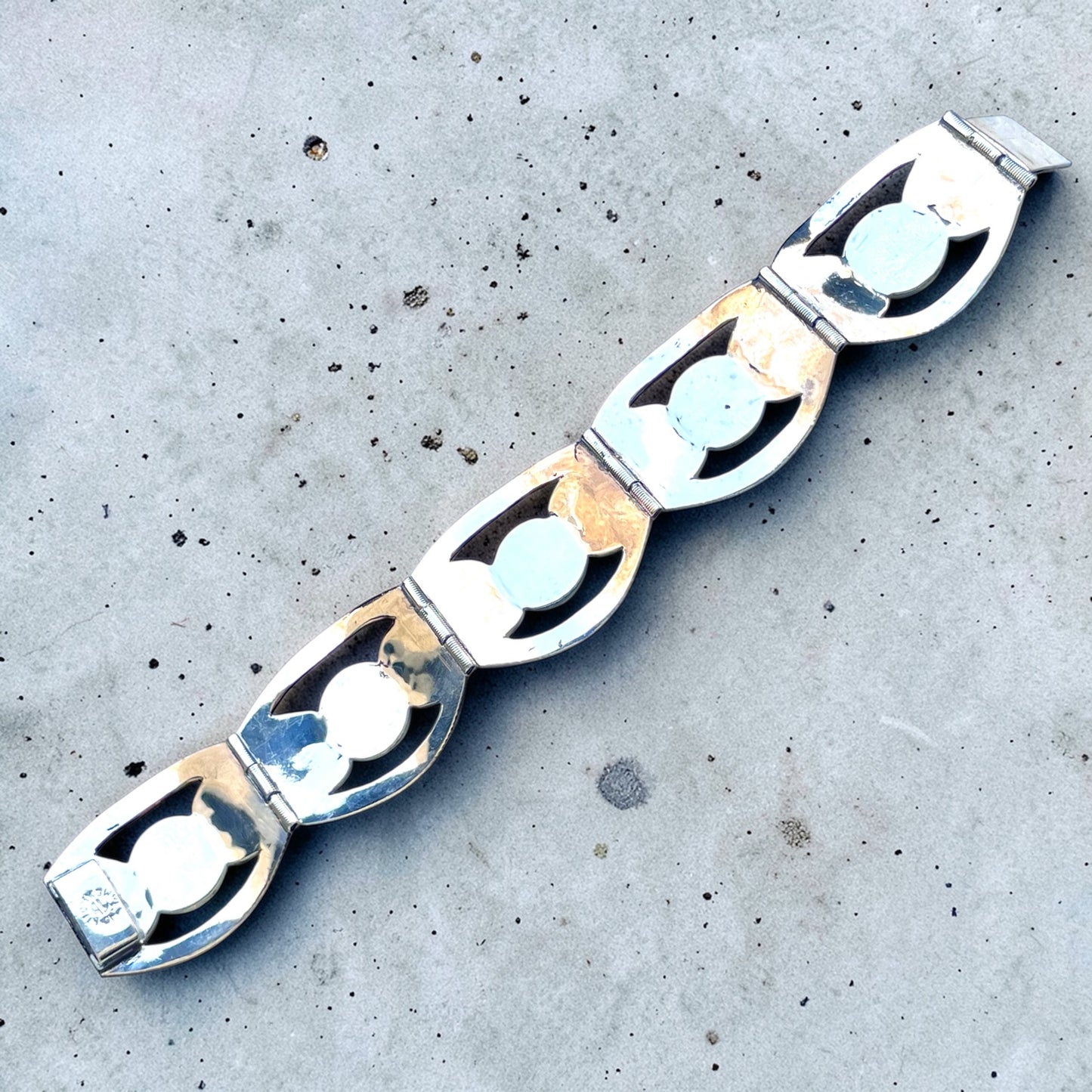 Sterling Silver Blue Green Dragons Breath Fire Opal Taxco Mexico Panel Bracelet