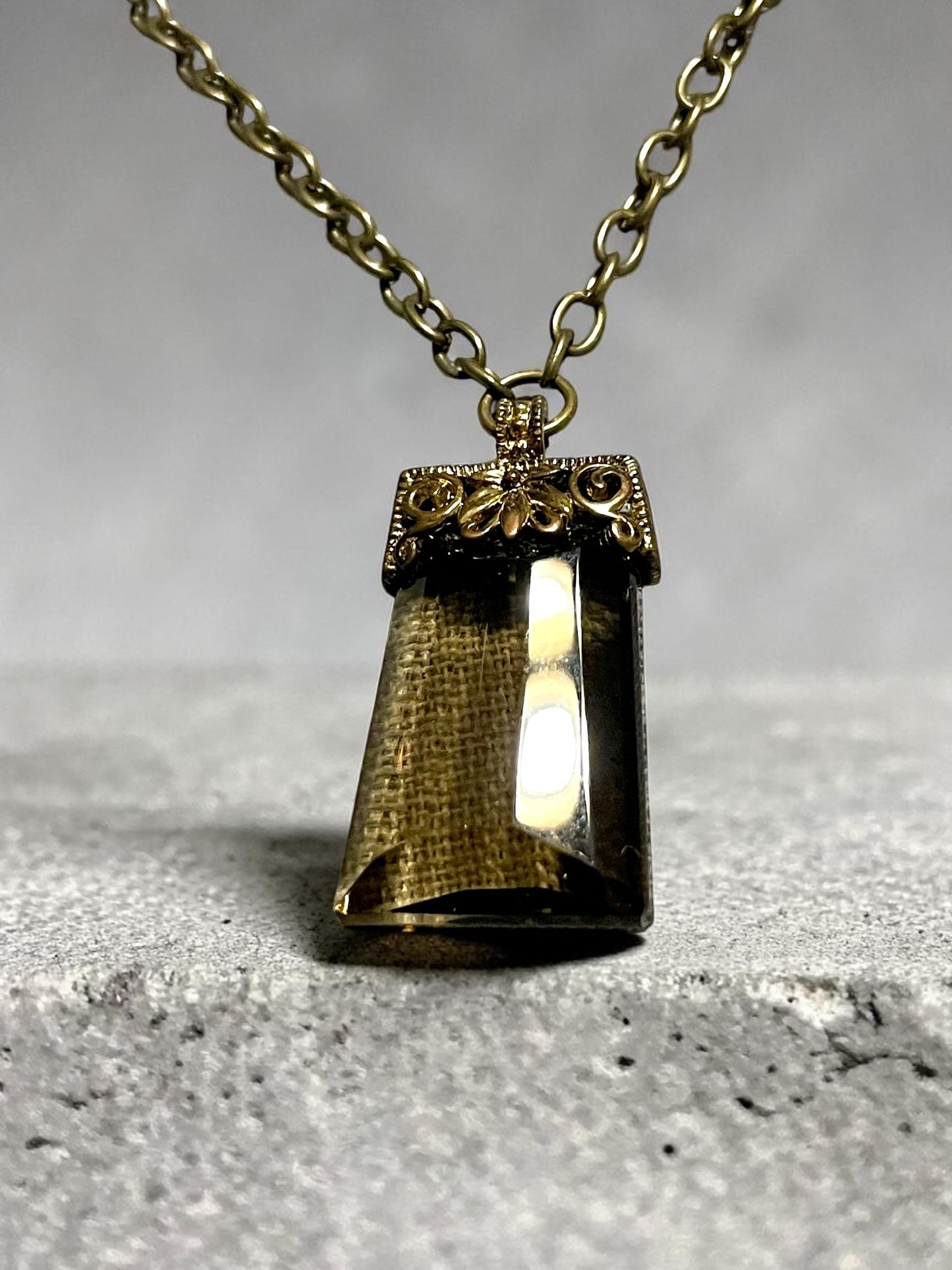 Czechoslovakian Smokey Topaz Pillow Cut Crystal Brass Filigree Necklace