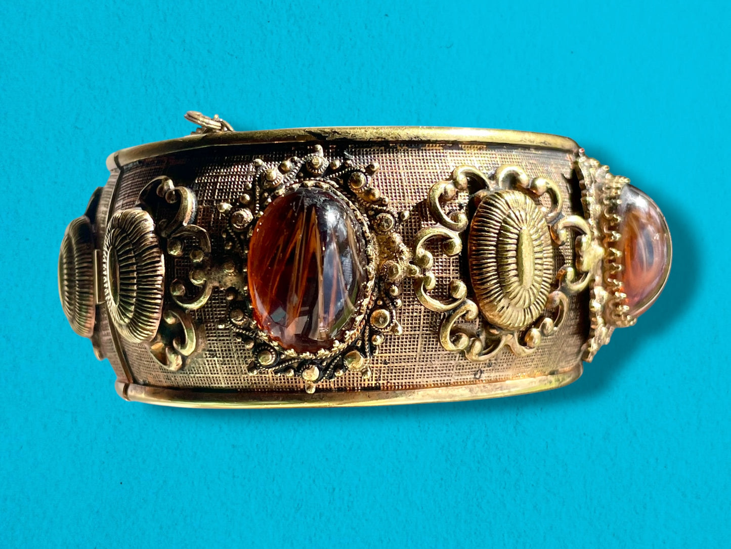 Ornate Amber Marble Art Glass Brass Domed Hinged Bangle Bracelet