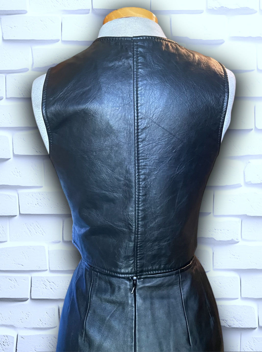 Vintage Black Leather Biker Snap Up Vest & Skirt Set