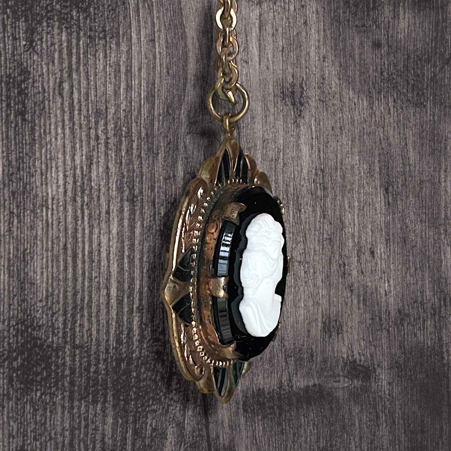 Antique Victorian Black & White Art Glass Mourning Cameo Gilded Brass Locket Necklace