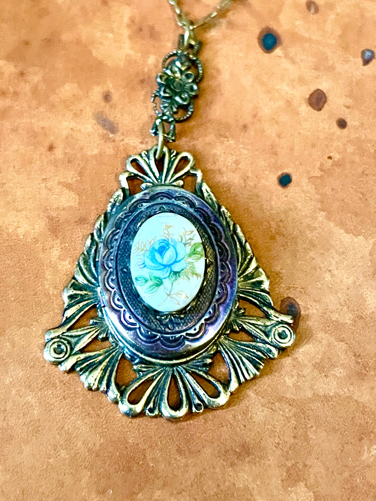 Art Nouveau Brass & Titanium Oxidized Rainbow Metal Porcelain Limogé Blue Rose Locket Necklace