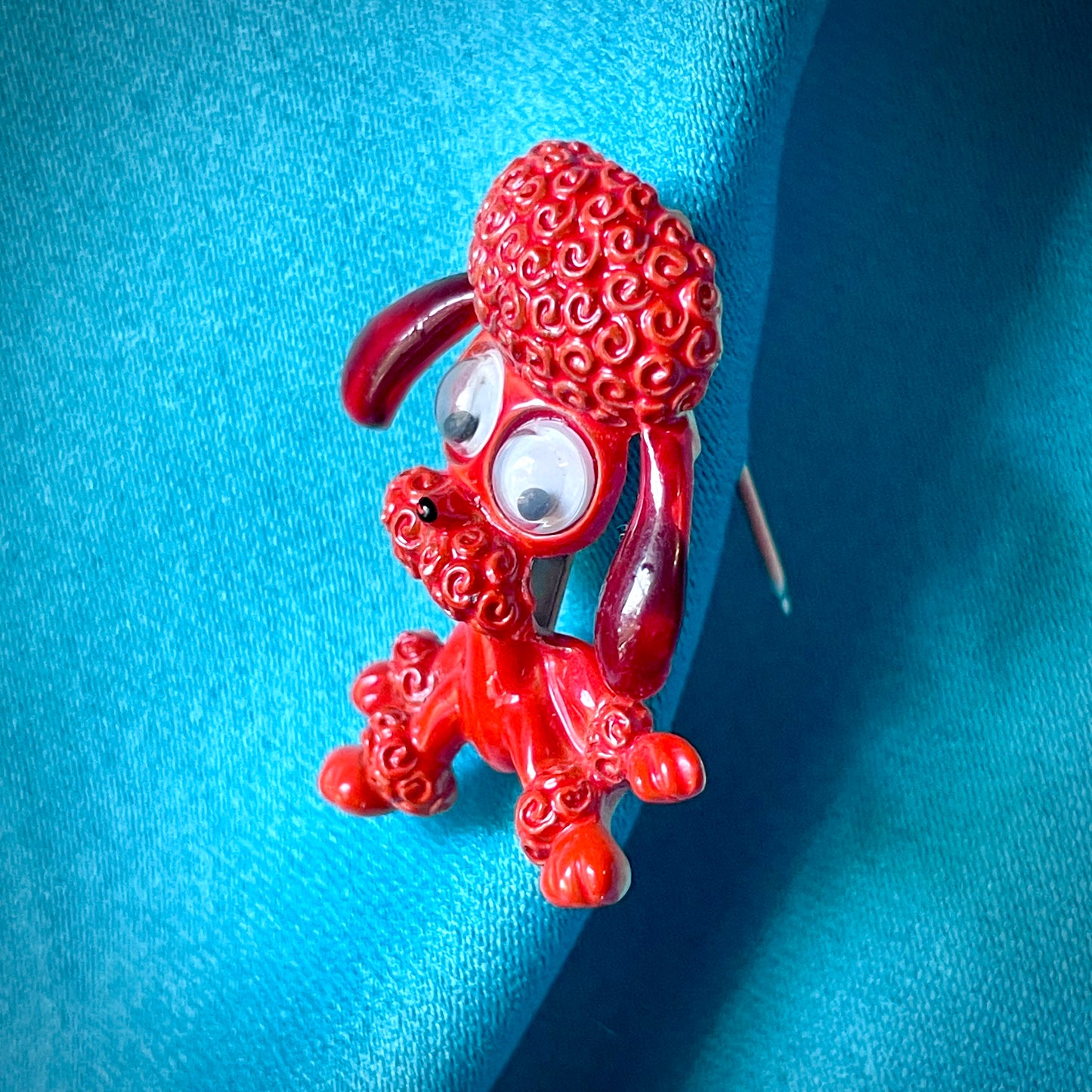 Adorable Googly Eyes Figural Orange & Red Enamel Poodle Dog Brooch