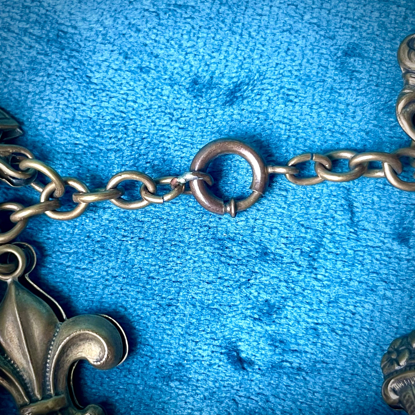 Amazing Art Nouveau Brass Puffy Charm Bracelet: Faces, Moon, Owl, Lucky 7, Bells, Flower & more!