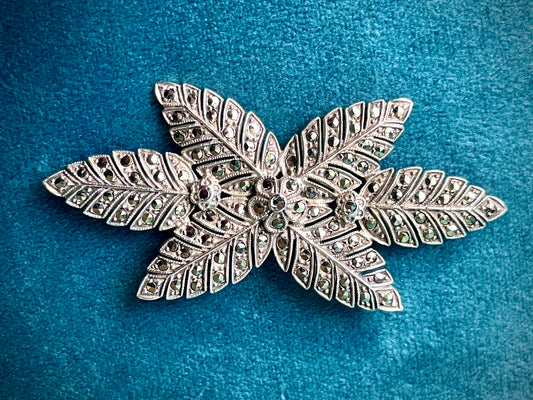 Sterling Silver & Marcasite Flower & Leaves Brooch