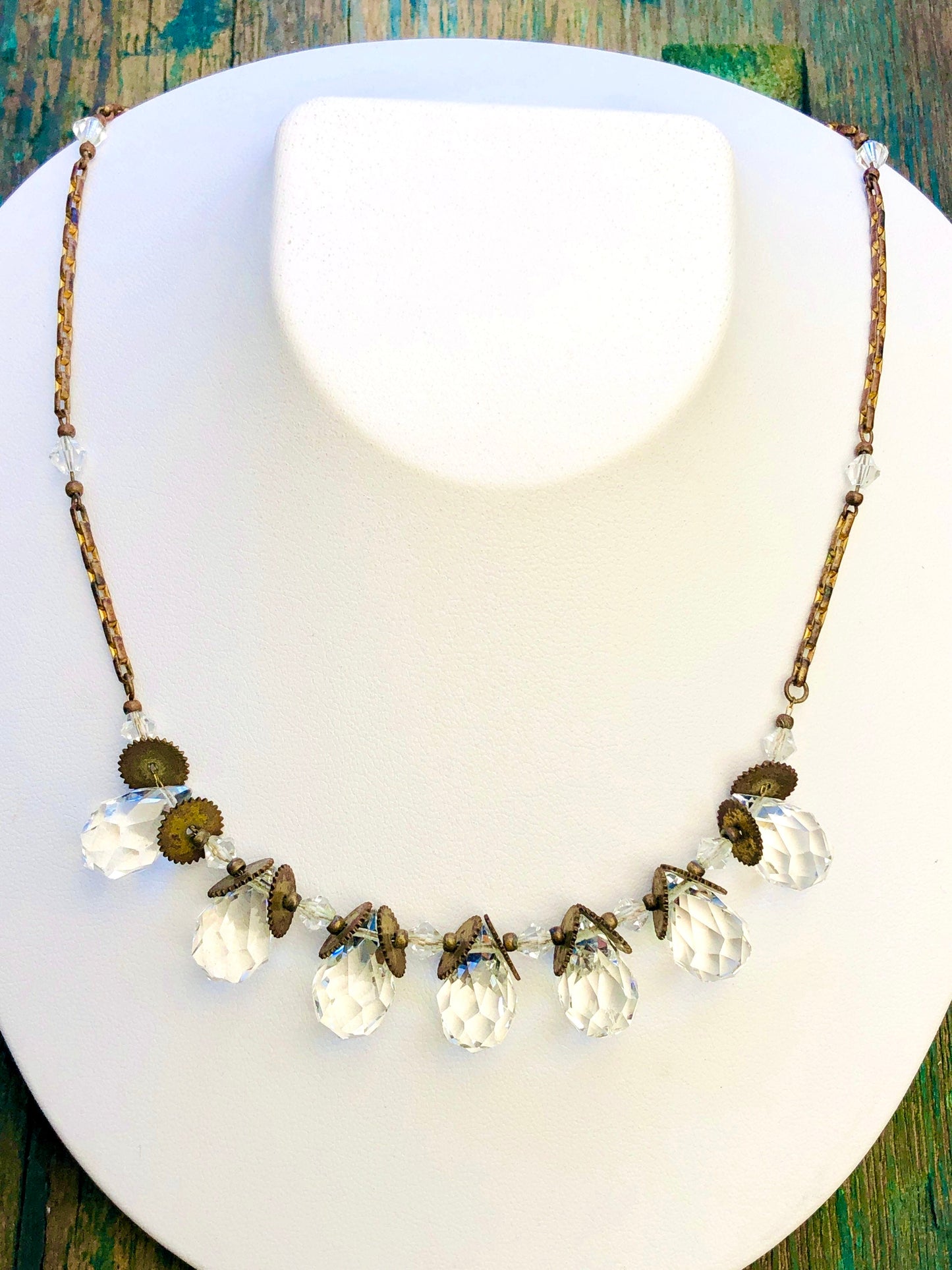 Antique Victorian Faceted Quartz Gemstone Briolette Teardrop & Brass Sawblade Festoon Necklace