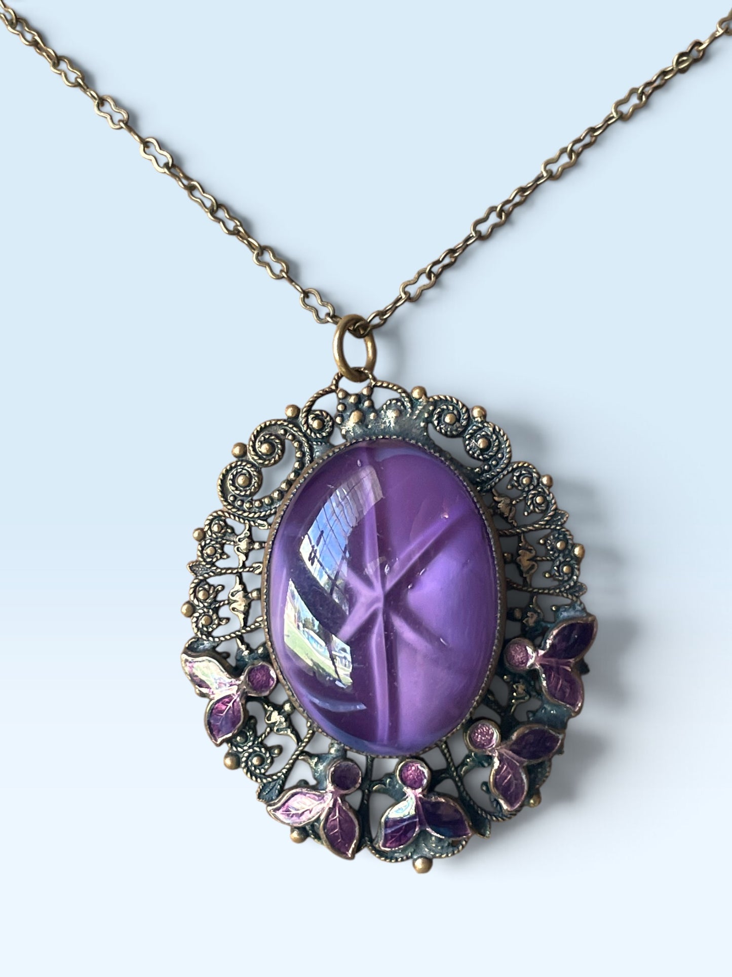 Art Nouveau Nieger Brothers Purple Cat Eye Star Art Glass Enamel Flower Brass Filigree Necklace
