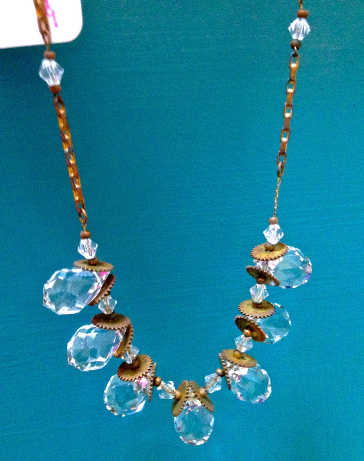 Antique Victorian Faceted Quartz Gemstone Briolette Teardrop & Brass Sawblade Festoon Necklace
