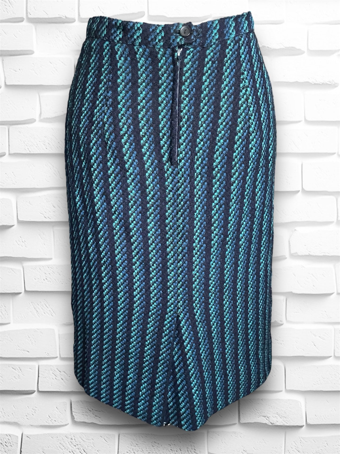 Vintage 1970’s Blue, Teal & Black Wool Striped Pencil Skirt