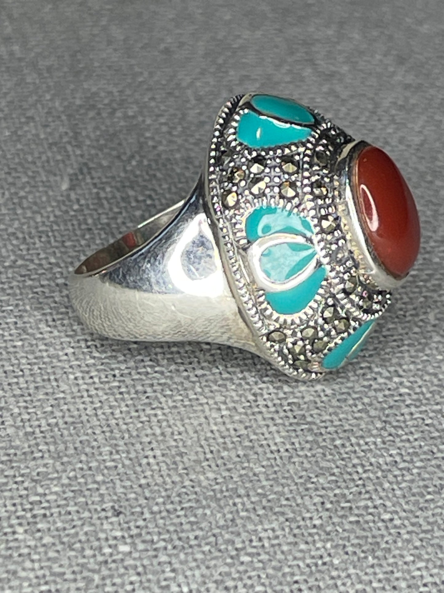 Sterling Silver Red Coral, Turquoise & Marcasite Gemstone Ring