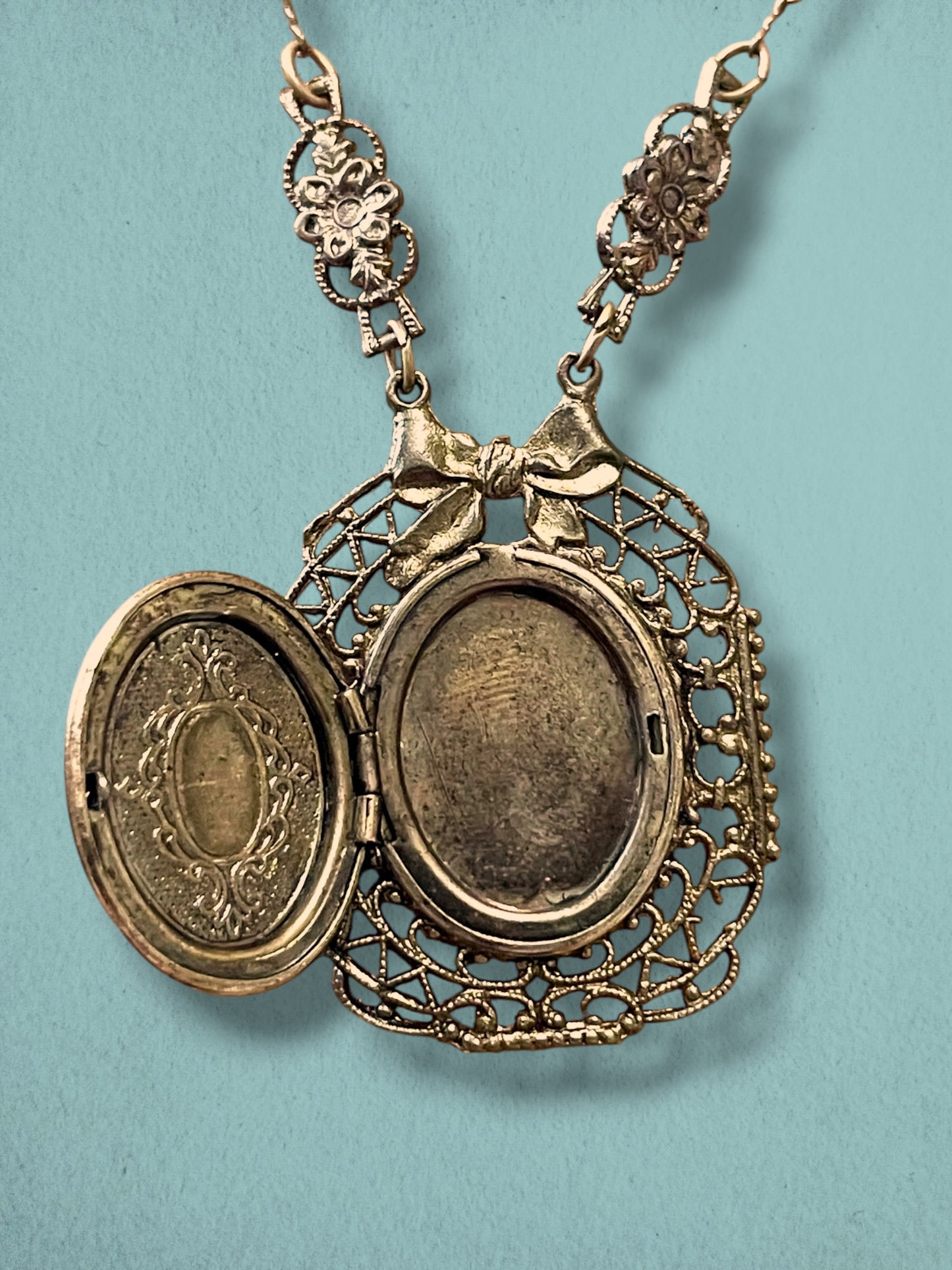 Art Nouveau Brass Filigree Blue Rose Porcelain Limoge Locket Necklace