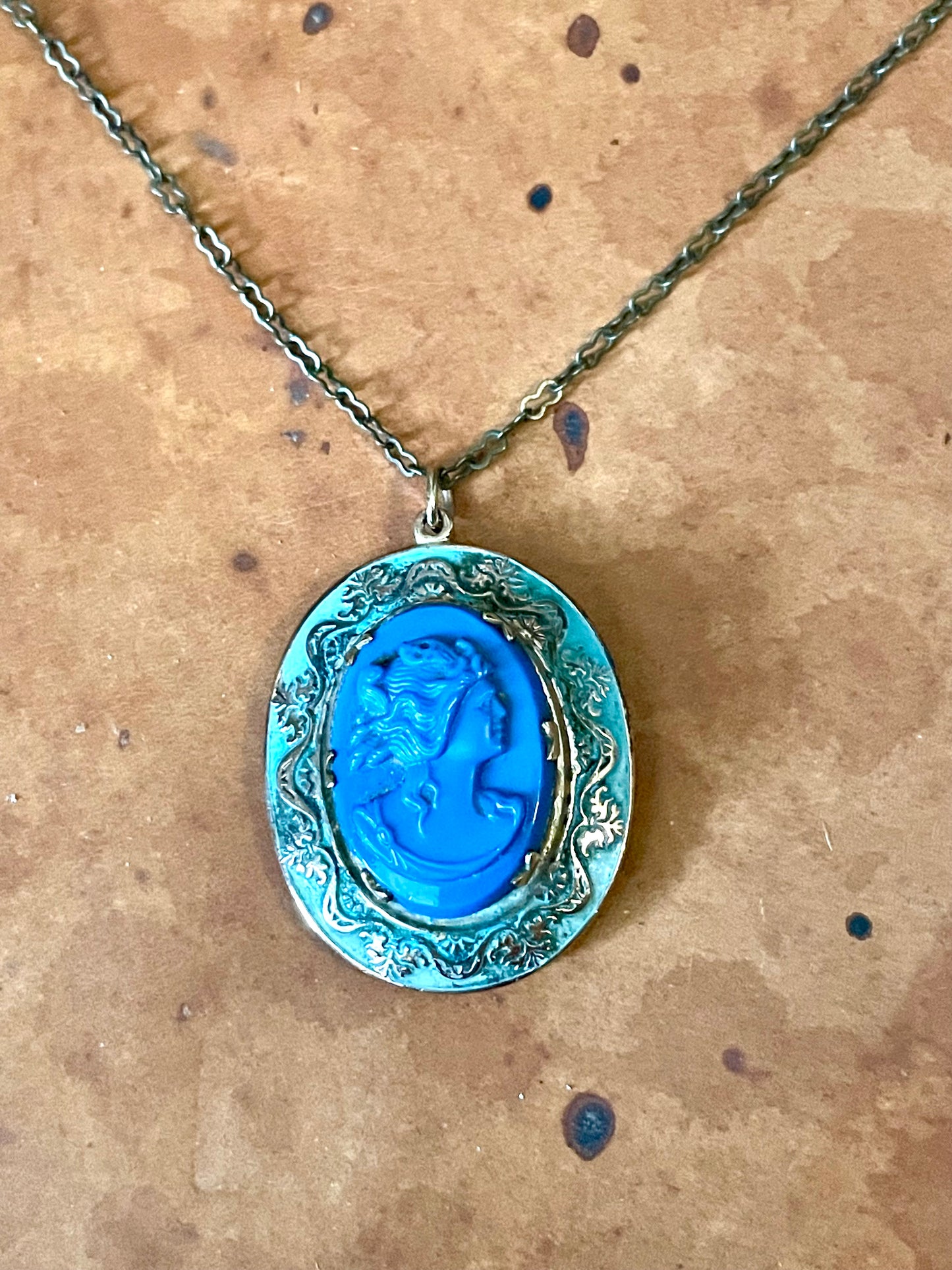Art Nouveau Brass & Green Enamel Blue Art Glass Cameo Locket Necklace