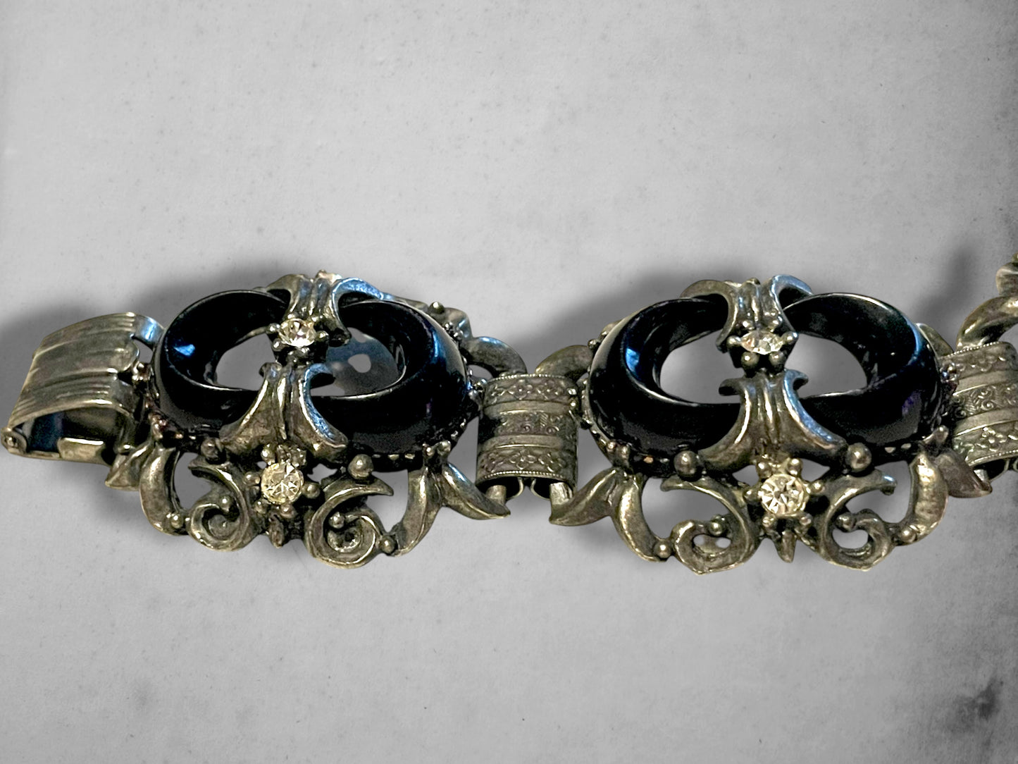 Victorian Booklink Chain Black Crescent Moon Crystal Panel Bracelet
