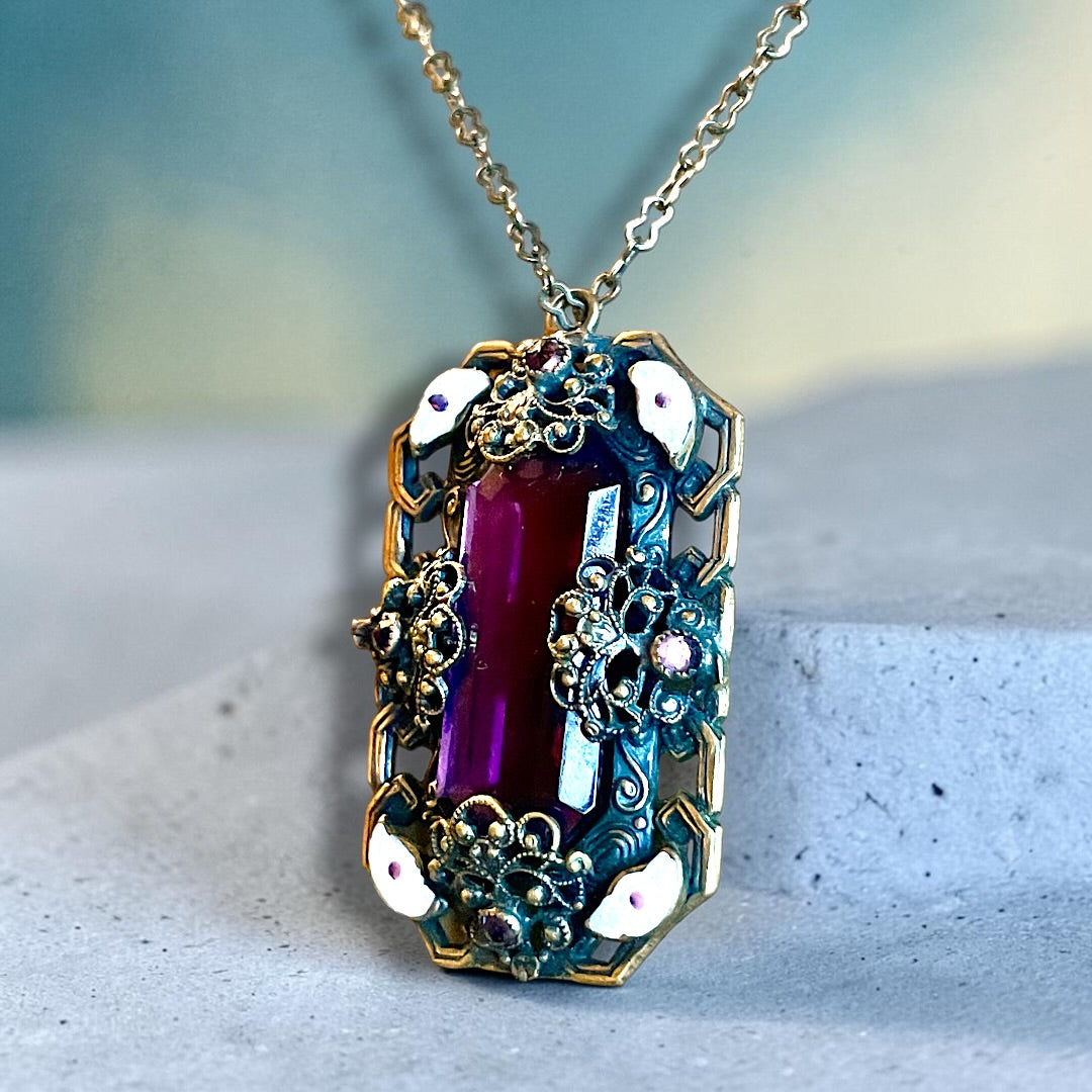 Art Nouveau Neiger Brothers Purple Crystal & Enamel Brass Filigree Necklace