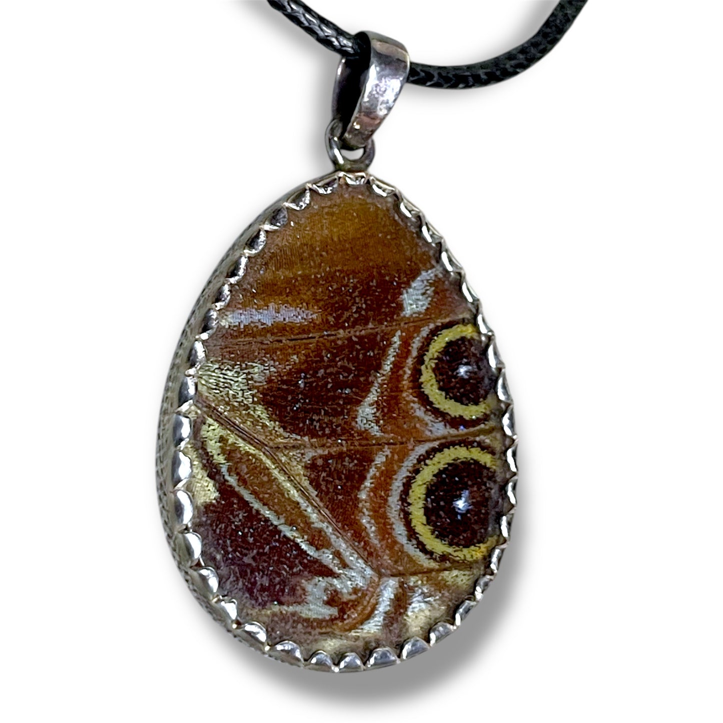 Sterling Silver Double Sided Blue & Brown Eye Butterfly Wing Teardrop Necklace Pendant