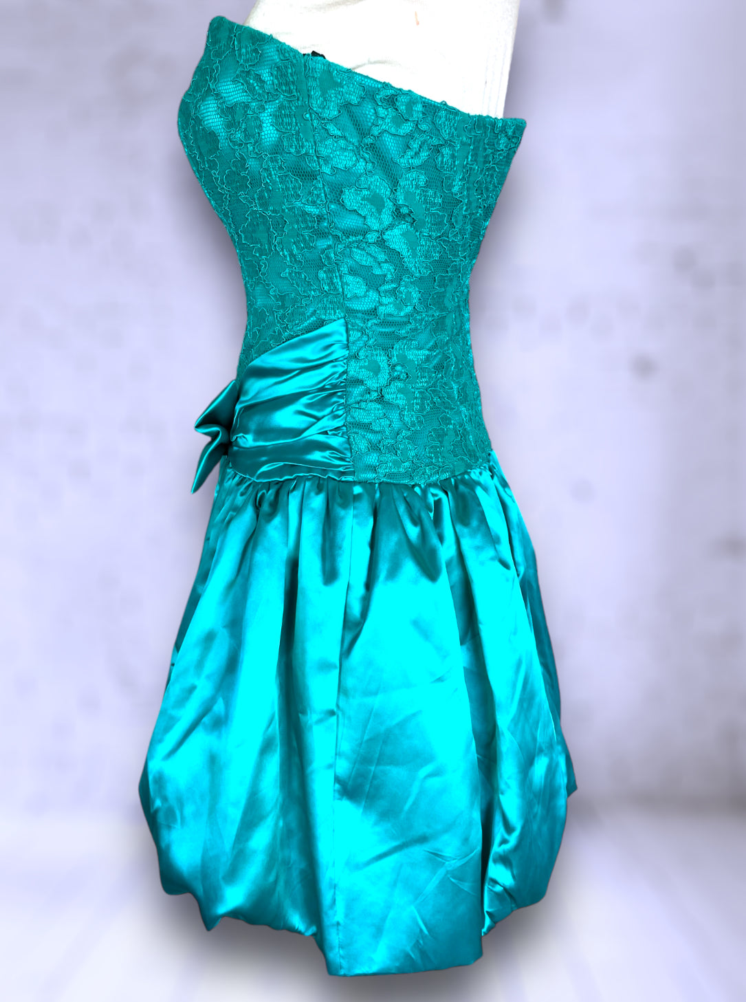 1980’s Turquoise Satin & Lace Strapless Poofy Short Skirt Big Bow Party Dress