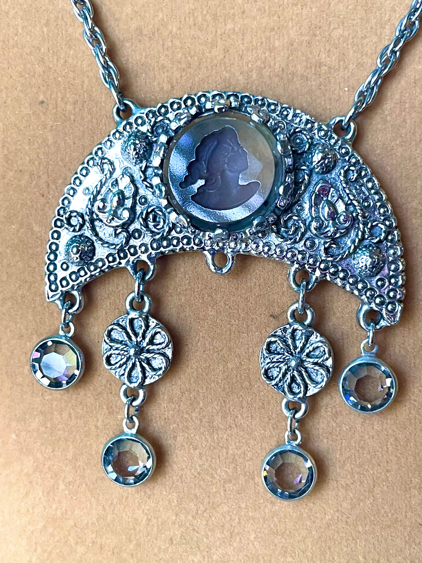 Grey Faceted Intaglio Cameo Crescent Moon Dangling Crystal Vintage Necklace