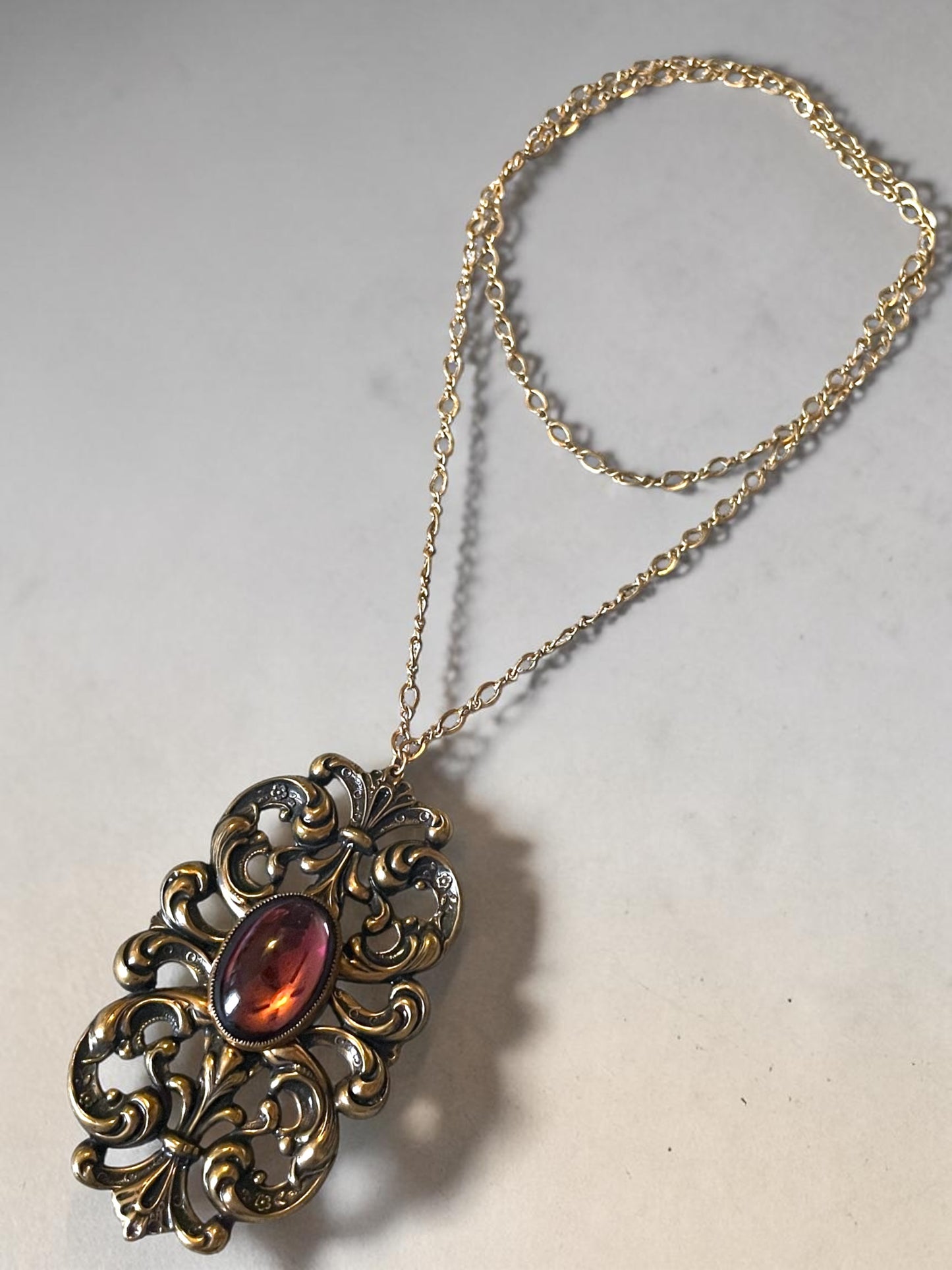 Art Nouveau Ornate Brass Purple Art Glass Pendant Necklace