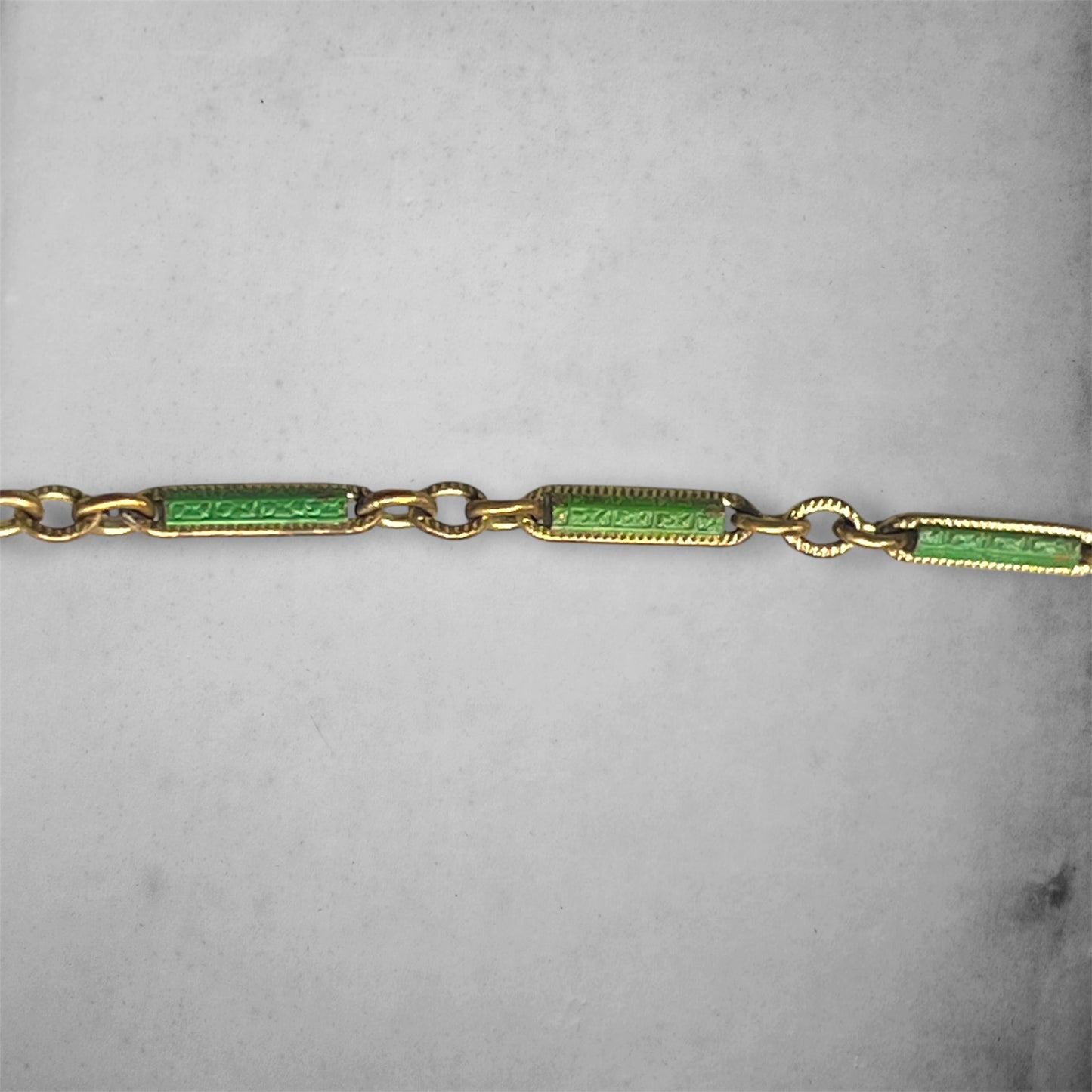 Art Nouveau Czech Peking Green Marble Art Glass Enamel Brass Filigree Necklace