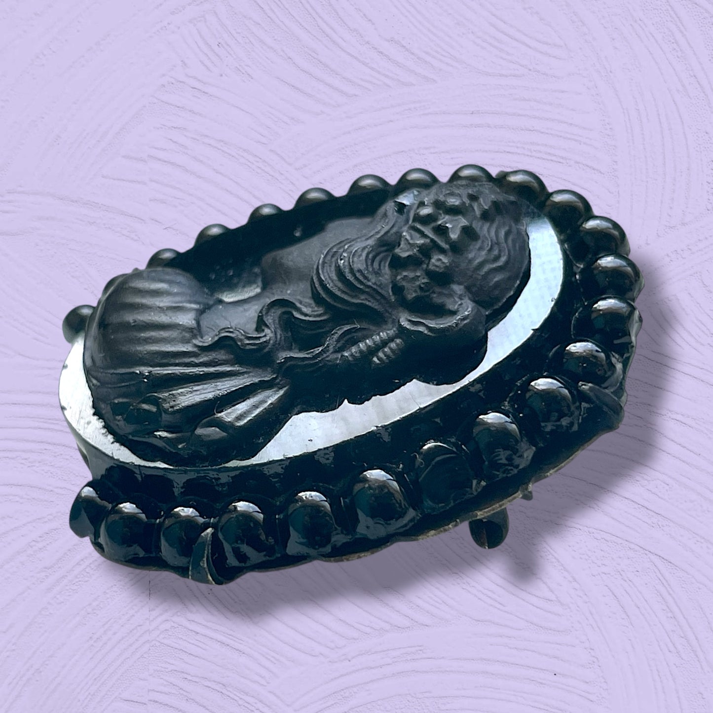 Victorian Mourning Cameo Ribbon Holder Black Molded Glass Brooch