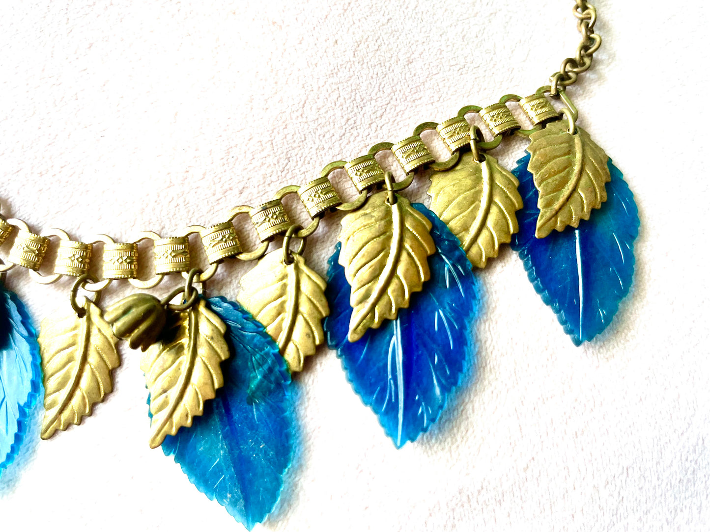 Miriam Haskell Embossed Brass & Turquoise Translucent Early Plastic Leaf & Bell Victorian Booklink Choker Necklace