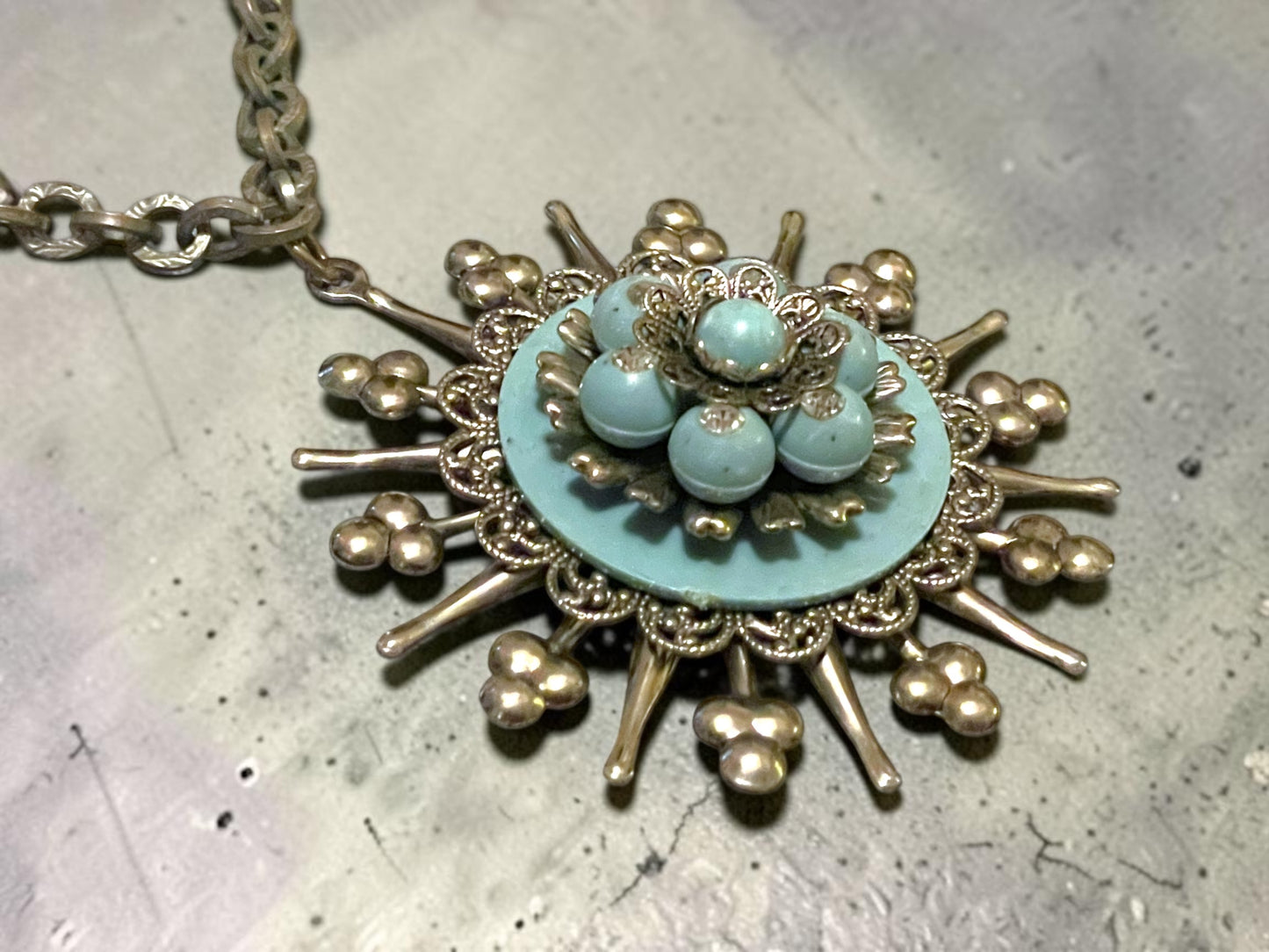 Vintage 1960’s Silver Starburst Turquoise Pendant Runway Necklace