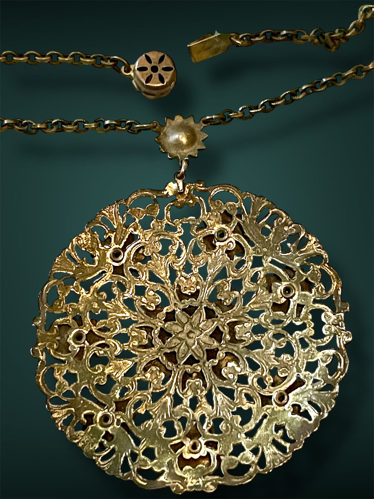 Art Nouveau Brass Floral & Flourish Filigree Daisy Marcasite Necklace