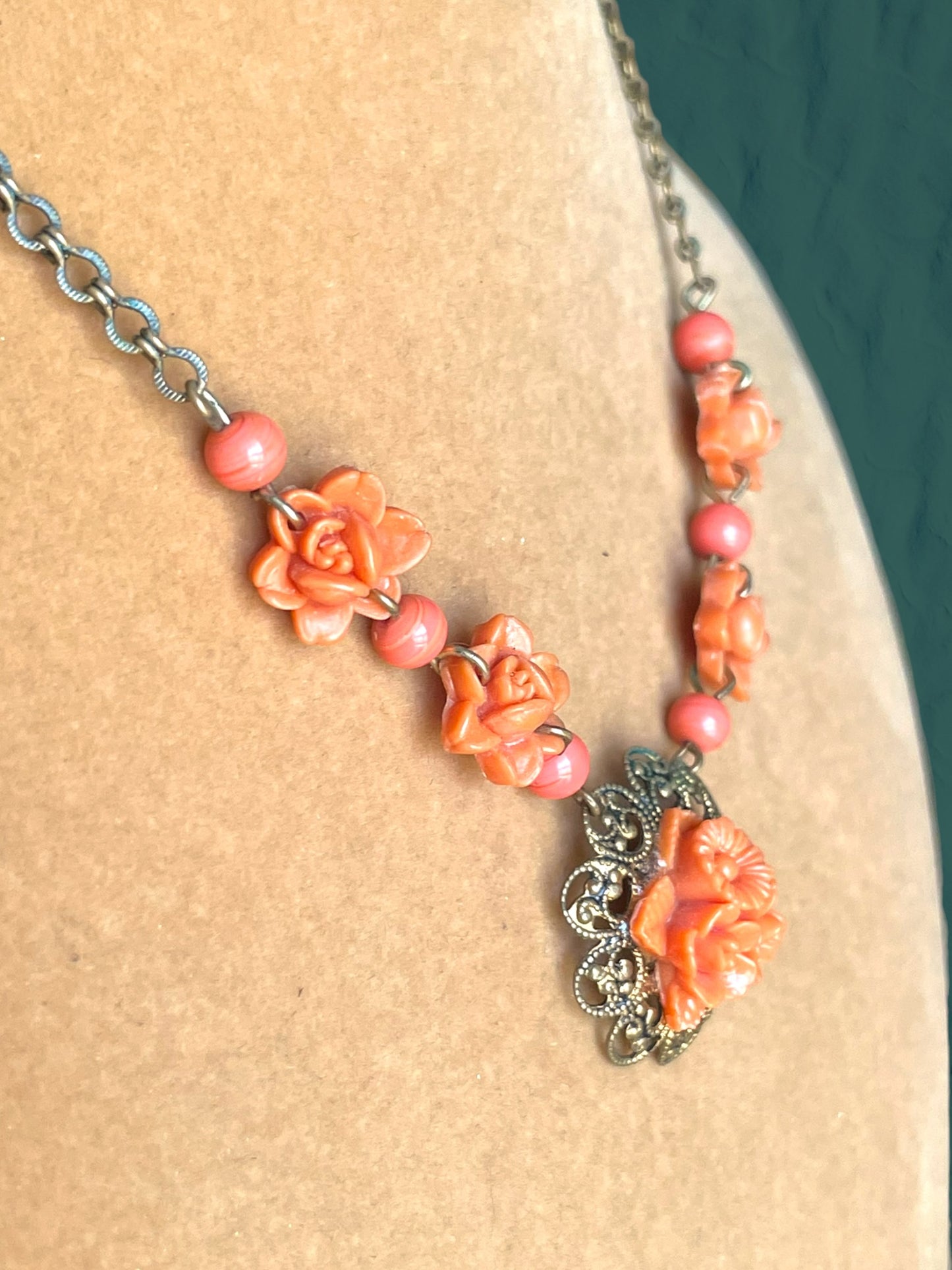 Art Nouveau Coral Orange Pink Celluloid Flower & Art Glass Bead Brass Necklace