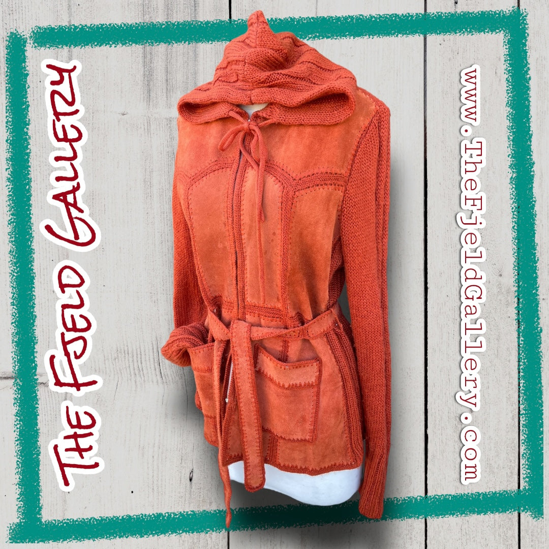 Vintage 1970’s Orange Suede Leather & Sweater Knit Hooded Zip Up Jacket