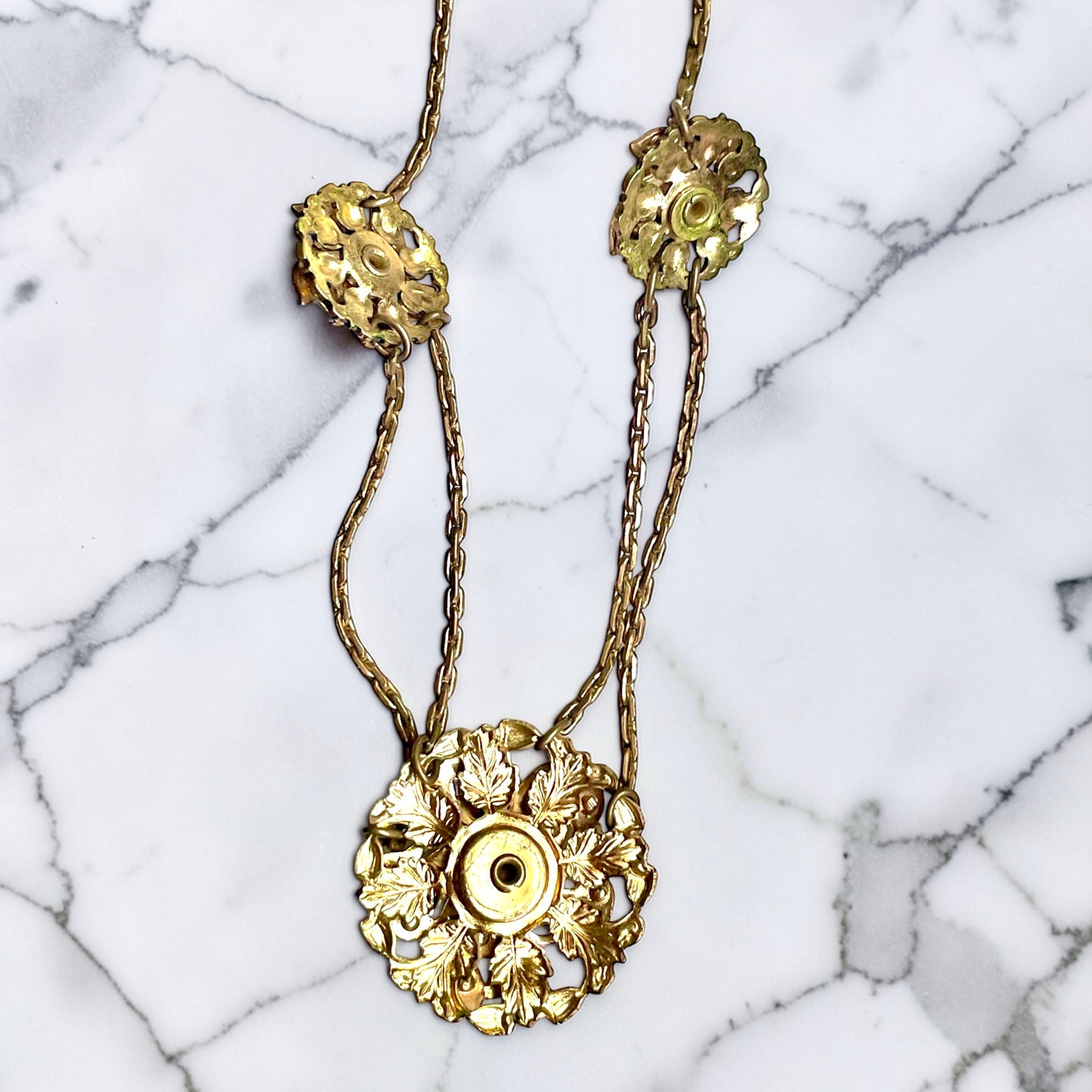 Edwardian Pink Gold Foil Art Glass Dragons Breath Fire Opal Festoon Necklace