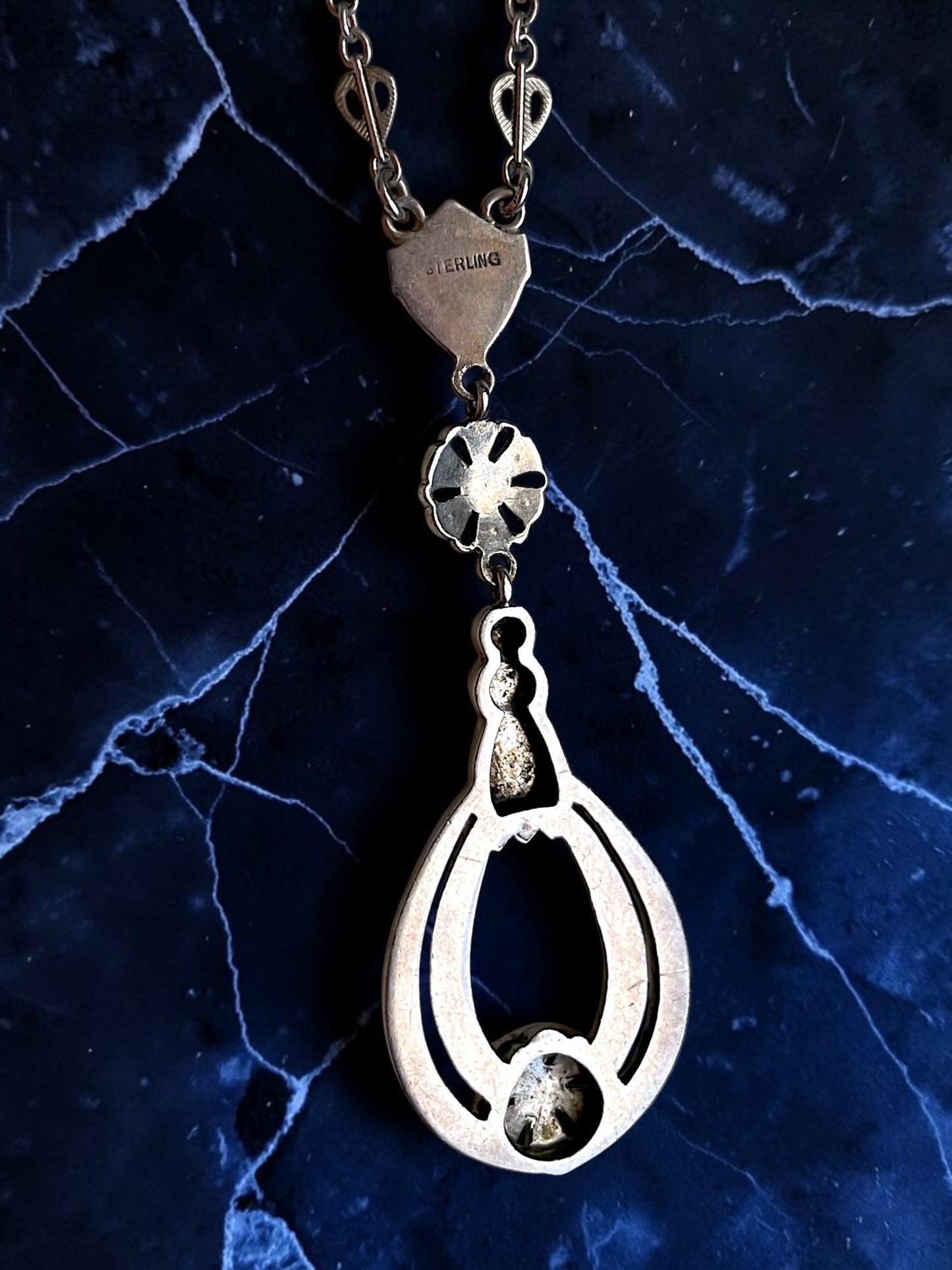 Art Deco Sterling Silver Crystal Floral Drop Y Necklace