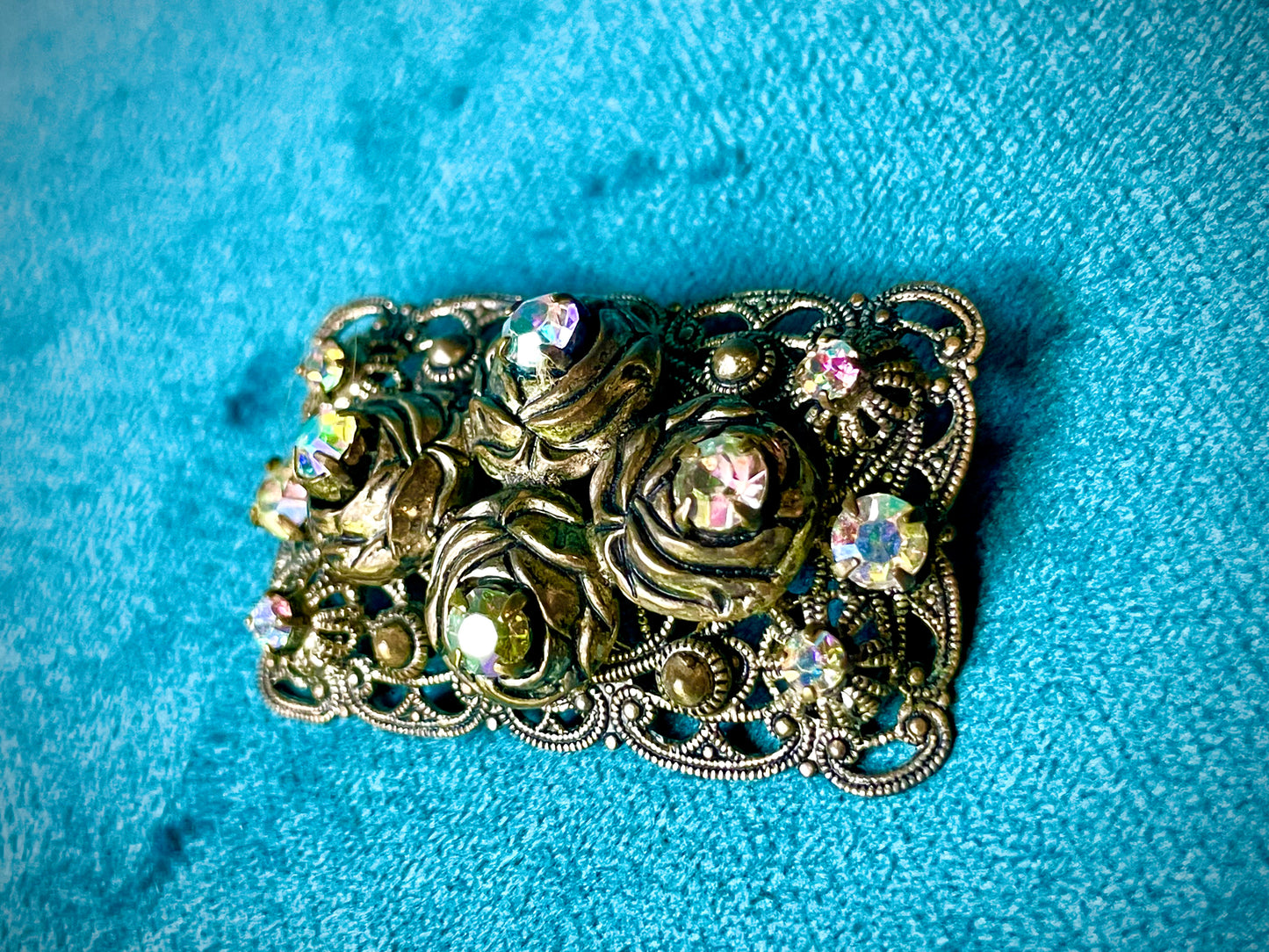 West German Aurora Borealis Crystal Brass Filigree Rose Brooch