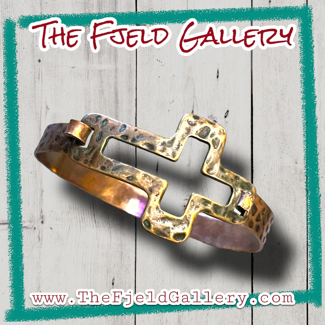 Vintage Copper Hammered Religious Cross Bangle Bracelet