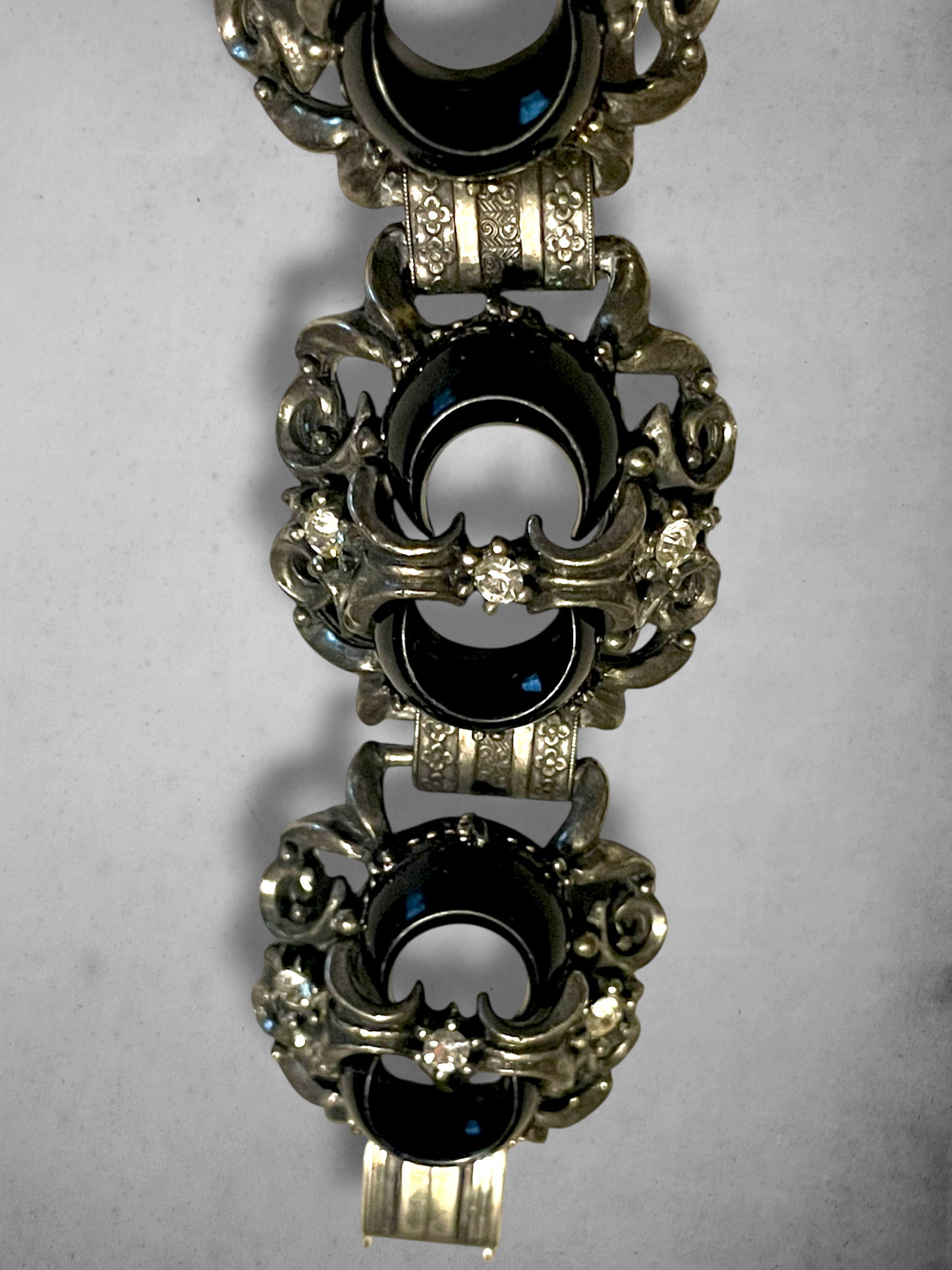 Victorian Booklink Chain Black Crescent Moon Crystal Panel Bracelet