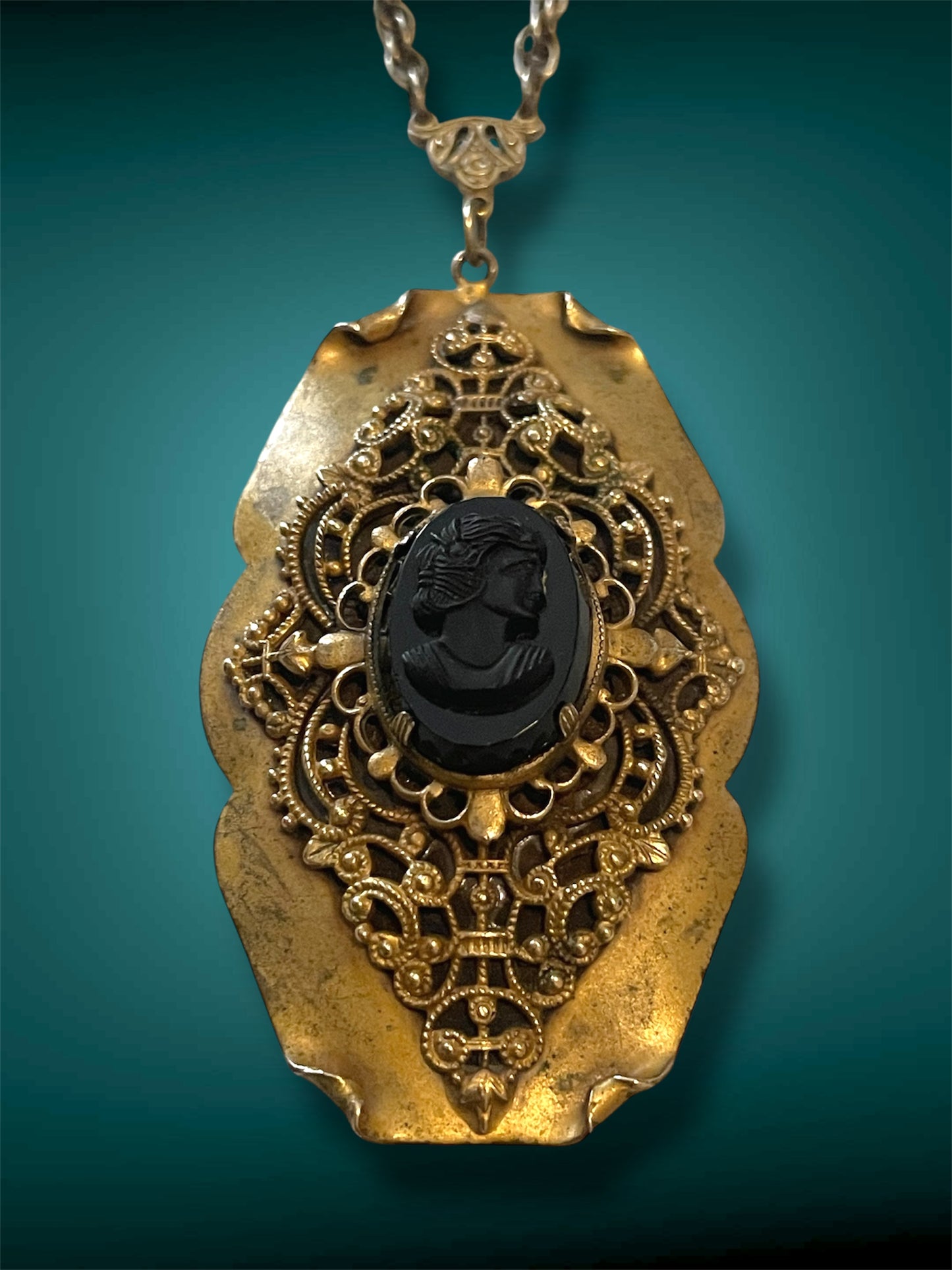 Victorian Black Mourning Cameo Brass Filigree Openwork Stamped Pendant Necklace