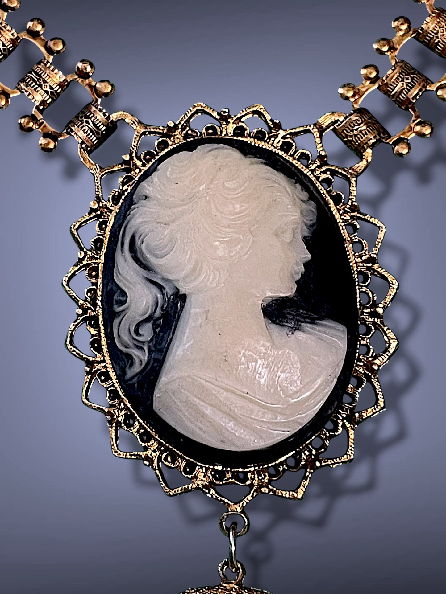 Victorian Gold Book Link Chain Black & Cream Mourning Cameo Designer Signed Necklace